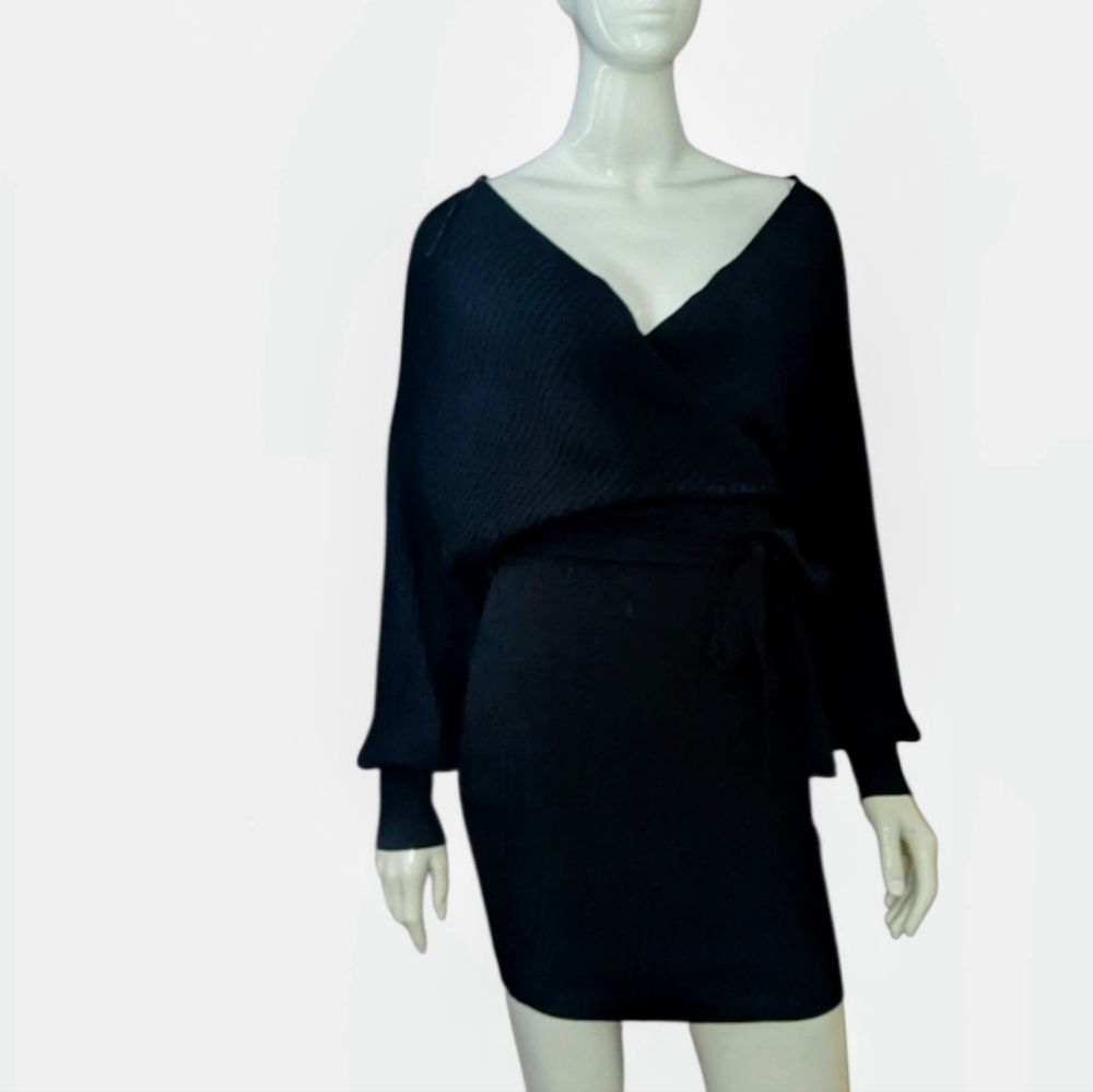 Elegant Black Wrap Knit Dress